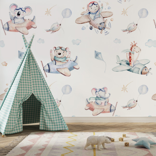 Aviario Fotomural infantil, mural para habitaciones de bebes y niños. Diseño con animales en avionetas efecto pintura.